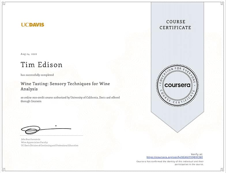 University of California wine certificate