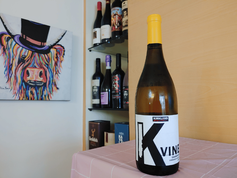 Kirkland K-Vine Chardonnay bottle on table