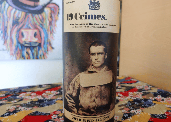 Front of 19 Crimes red wine bottle label