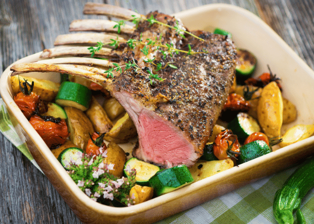 Grilled lamb rack and roasted vegetables