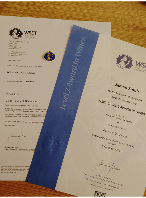 Jamie Smith certificate for WSET Level 2 in wine