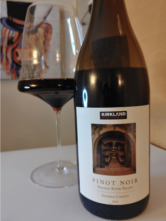 Kirkland Pinot noir bottle and glass
