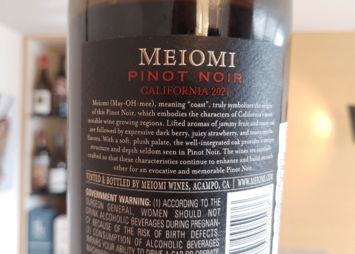 Meiomi Pinot Noir back label on bottle