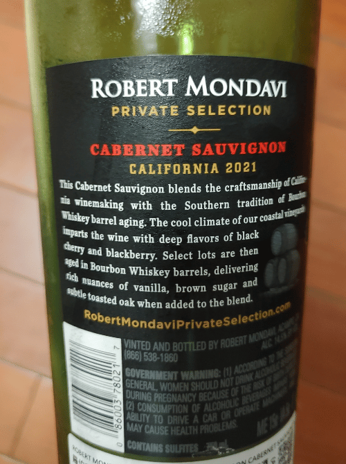 back of bourbon barrel cab bottle label