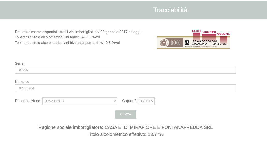Barolo DOCG wine traceability check